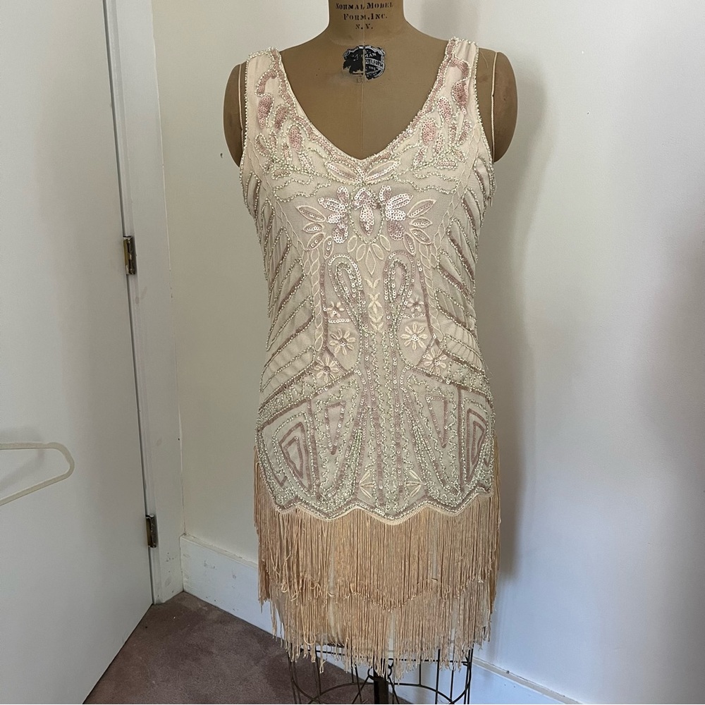 Beaded Fringe V-Neck Ivory Pink Flapper Dress